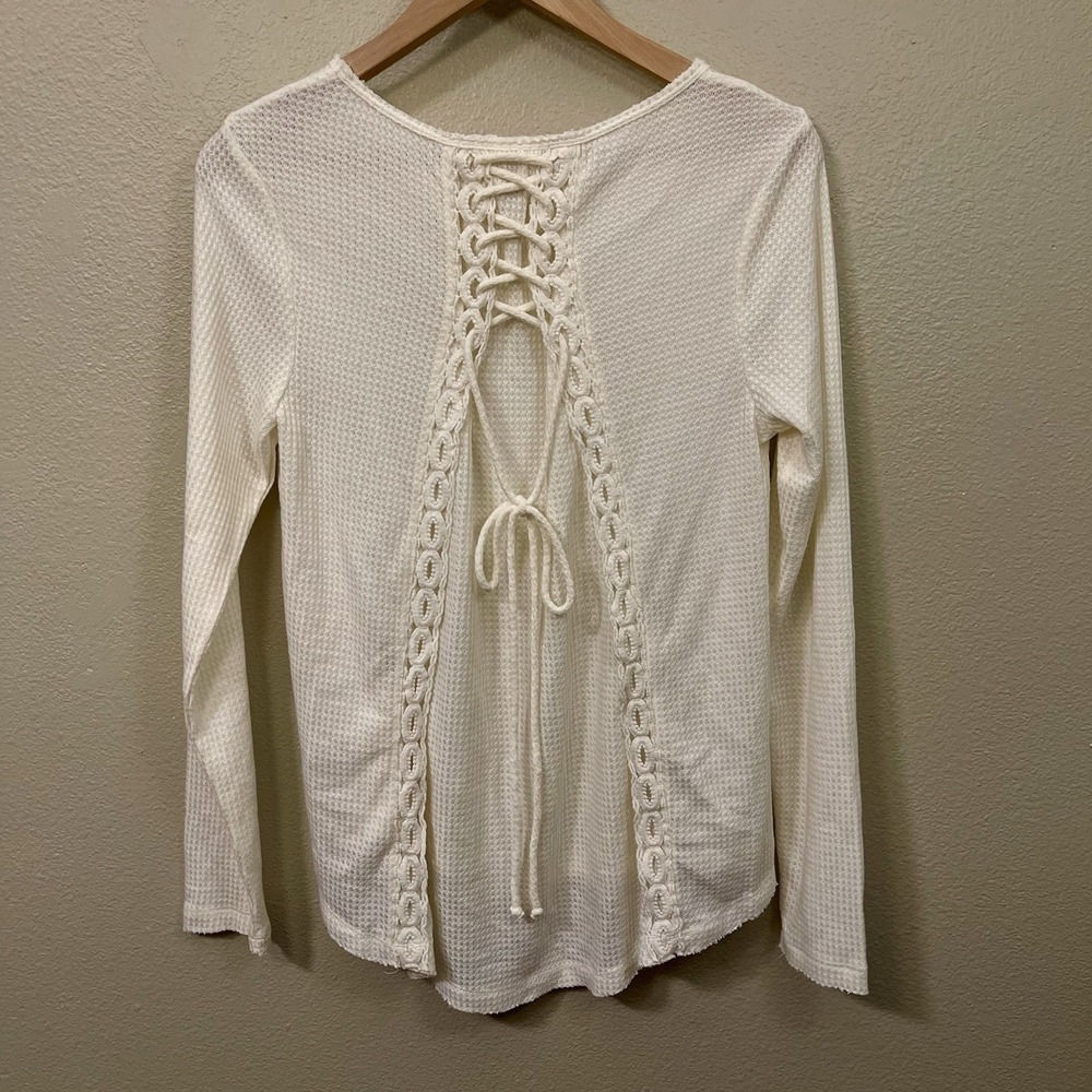 Knox Rose Lace Up Back Waffle Long Sleeve Shirt Soft Summer Festival Boho Size M